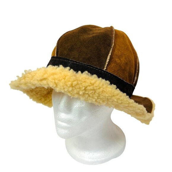 Genuine Suede shearling sheepskin Bucket hat Brown for Women Size S. y2k